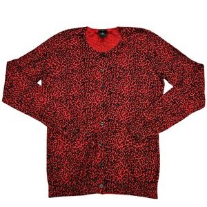 Ann Taylor Red Black Leopard Print Cotton Cardigan Sweater Small Animal Print